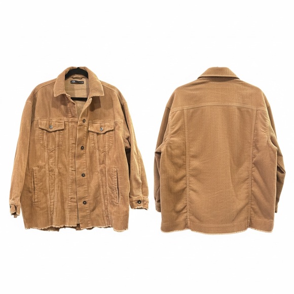 ZARA $50 Oversized Tan Corduroy Shacket Raw Hem Medium P2P 23-24” w/ pockets! - Picture 2 of 10